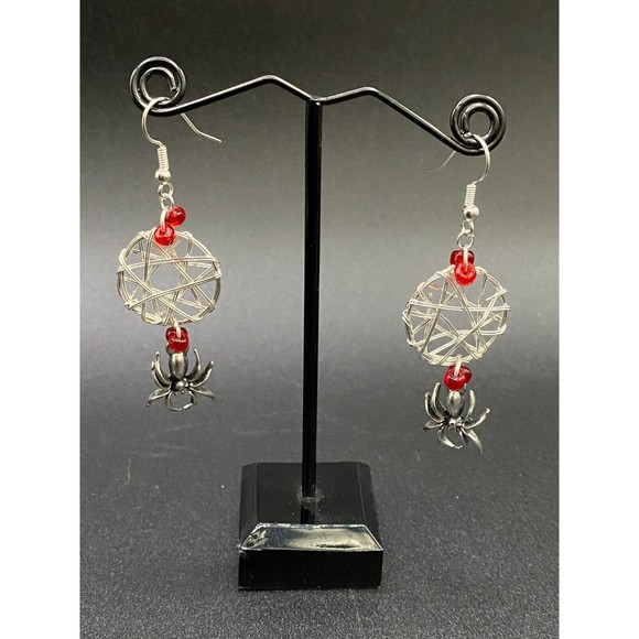 Spider & Web with Red Glass Bead Earrings by Neanie-Bot - Picture 2 of 2